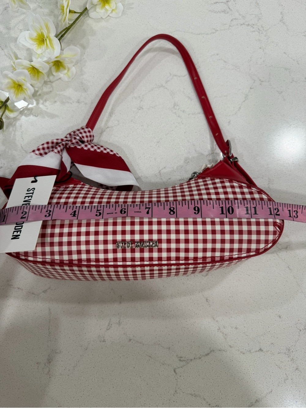 Steve Madden Red and White Gingham Shoulder Bag with Scarf Accent - Picture 7 of 9